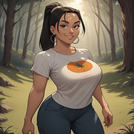 score_9, score_8, BREAK, solo, black hair, black eyes, lips, food print shirt, white shirt, short sleeves, blue pants, hoop earrings, dark skin, ponytail, mole under eye, big breasts, Total Drama, Leshawna_(Total_Drama), sexy pose, smile, outdoors, sunlight, shadows, evening lighting, natural lighting, forest, trees, grass, orange sky, sunset