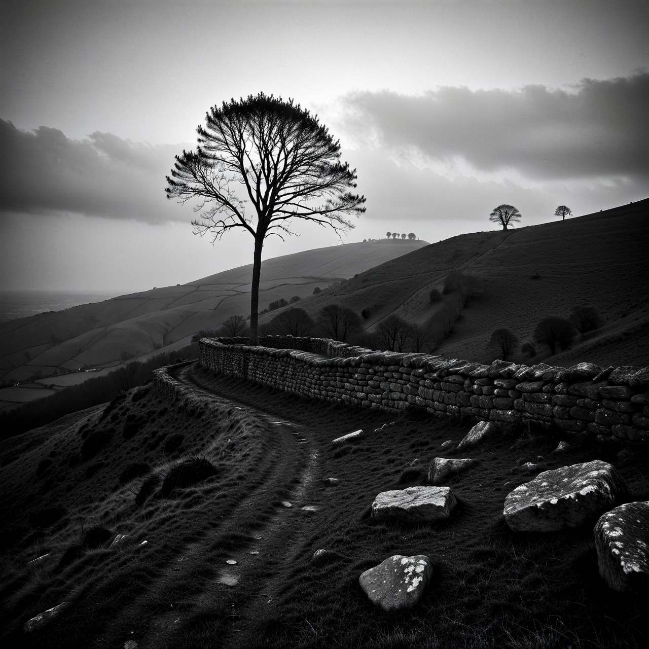 Moody monochrome photo.

A bare sapling on a winter hill beside a low stone wall.

<lora:MoodyMono01_CE_XL_200-OT:0.4> mdymnoCE_style