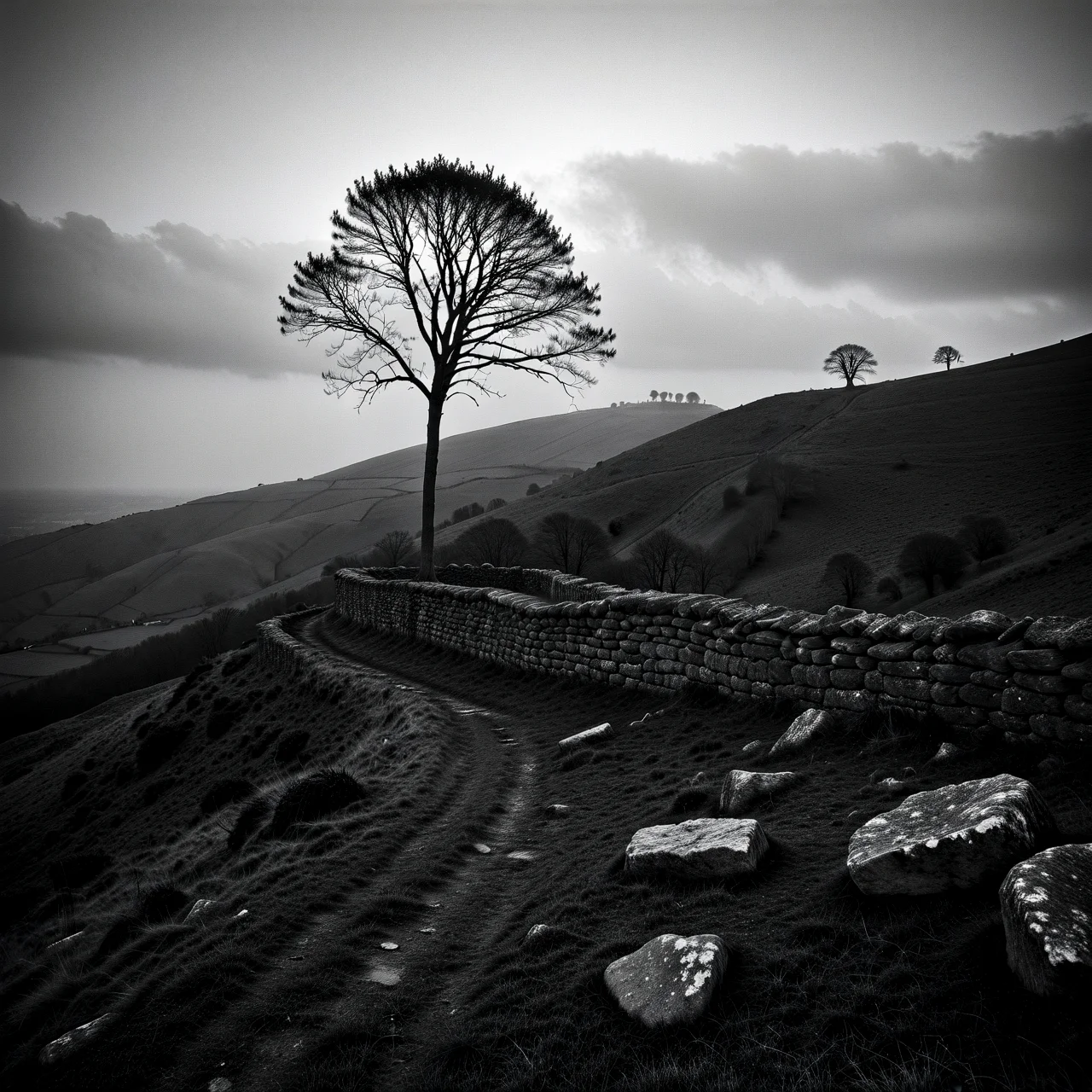 Moody monochrome photo.
A bare sapling on a winter hill beside a low stone wall.
<lora:MoodyMono01_CE_XL_200-OT:0.4> mdymnoCE_style