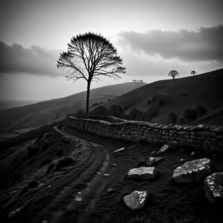 Moody monochrome photo.
A bare sapling on a winter hill beside a low stone wall.
<lora:MoodyMono01_CE_XL_200-OT:0.4> mdymnoCE_style