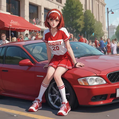 score_9, score_8_up, score_7_up, exquisite photograph of a gorgeous 22 year old BETE NOIRE drinking from a red disposable cup at a pregame party, wearing a very short and sexy flirty skirt with a tied-up jersey, hairband, sneakers with knee high socks, having fun her friends, car parki tailgate, ((party)), ((sporting event parking lot))