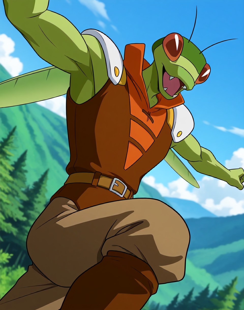 <lora:Katris_(Shinzo)_(Illustrious)_(AD):1> Katris, mantis, Shinzo, 
((
exterior, vivid anime blue sky with detailed clouds, forest, mountains, valley, tree cover, bent leg, cowboy shot, 
dynamic action, insect anthro, male focus, strong warrior, manly, bounty hunter villain, green body, manly body, bent arm, flex, mocking smile, leather villain outfit, punch, kick, 
)),
BREAK: very awe, aesthetically pleasing, masterpiece, best quality, amazing quality, very aesthetic, perfect depth of field shot, gradient coloring, subsurface reflections, 3d rendering, vivid colors, photographic realism, 
masterpiece, best quality, amazing quality, very aesthetic, high resolution, ultra-detailed, absurdres, newest, scenery, {Prompt}, BREAK, detailed background, volumetric lighting,
BREAK: lazympos, lazypos (3),