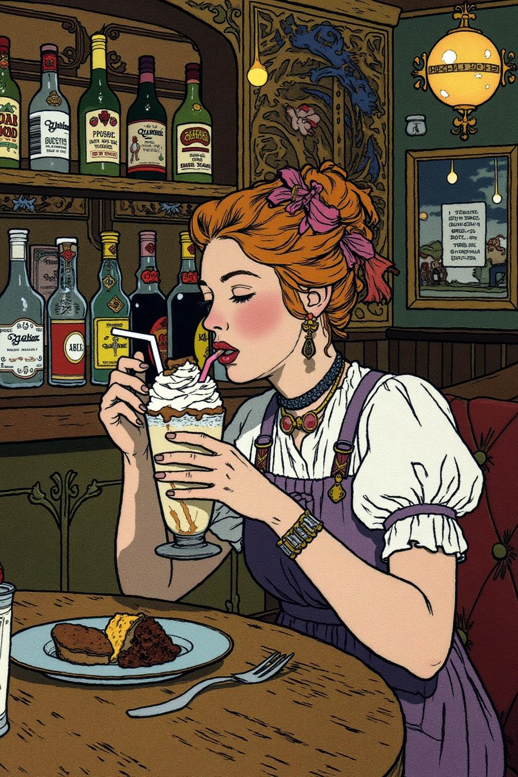 ivanbilibin1 illustration. A woman in a pub eating a milkshake,  <lora:ivanbilibin2_cap_d6a3e11:1.0><lora:857328409095751110:0>