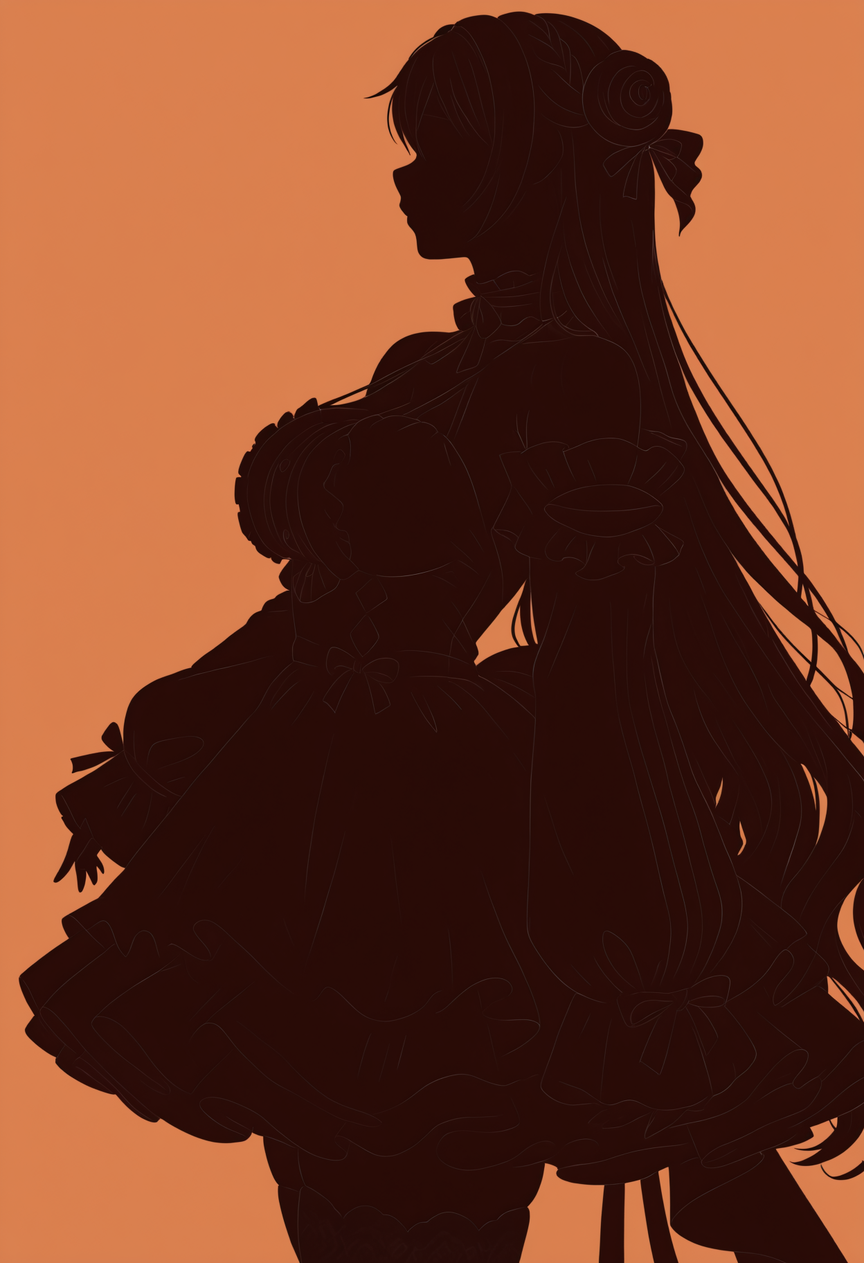 silhouette, orange theme, monochrome, from side, <lora:silhouette_sex_fuzzlogik_orange:1>  <lora:dorothy-nikke-richy-v1_ixl:1>, drthdf, very long hair, braid, single hair bun, hair ornament, hair ribbon, large breasts, frilled choker, neck ribbon, halterneck, center frills, frilled dress, sleeves past wrists, bare shoulders, thighhighs