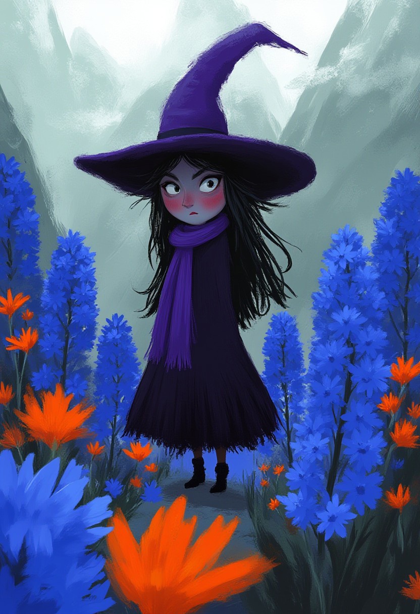 A whimsical illustration of a tall witch in dark whimsical art style, wearing pointy purple hat and flowing dress, standing among blue delphiniums and orange lilies, digital painting with expressive brushstrokes, foggy mountain background, characteristic Tim Burton inspired design with mysterious eyes