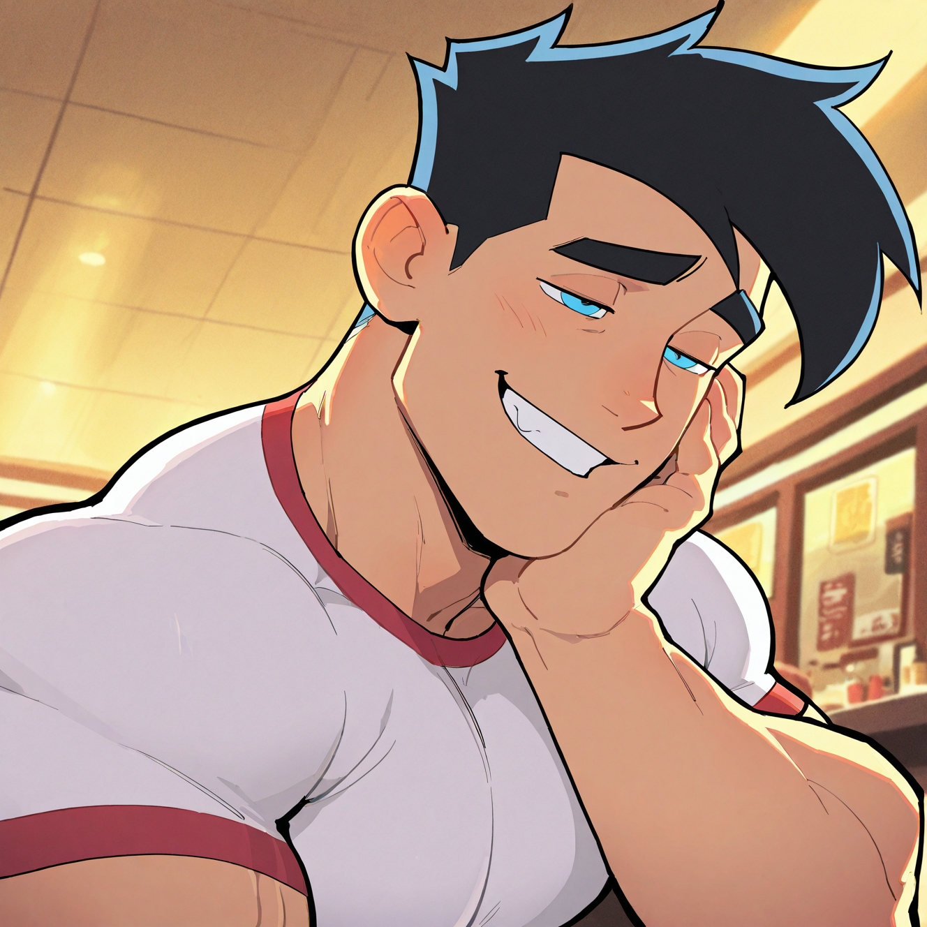<lora:DANNYP:1>
dannyp, solo, smile, short hair, blue eyes, shirt, black hair, 1boy, white shirt, male focus, short sleeves, love icon, muscular, big pectorals, restaurant, mature male, muscular male, teeth, indoors, blurry, grin, half-closed eyes, t-shirt, meme, hand on own face, tiles, smug,
, motion blur, film grain, abstract, natural lighting, fantasy, cinematic, dynamic view, tilted angle, very awa, masterpiece, best quality, absurdres, newest, perfect quality, detailed background, intricate details, (artist:fl \(l-fl\):0.7), (artist:tooboshoo:0.7), (artist:dizdoodz:0.8)