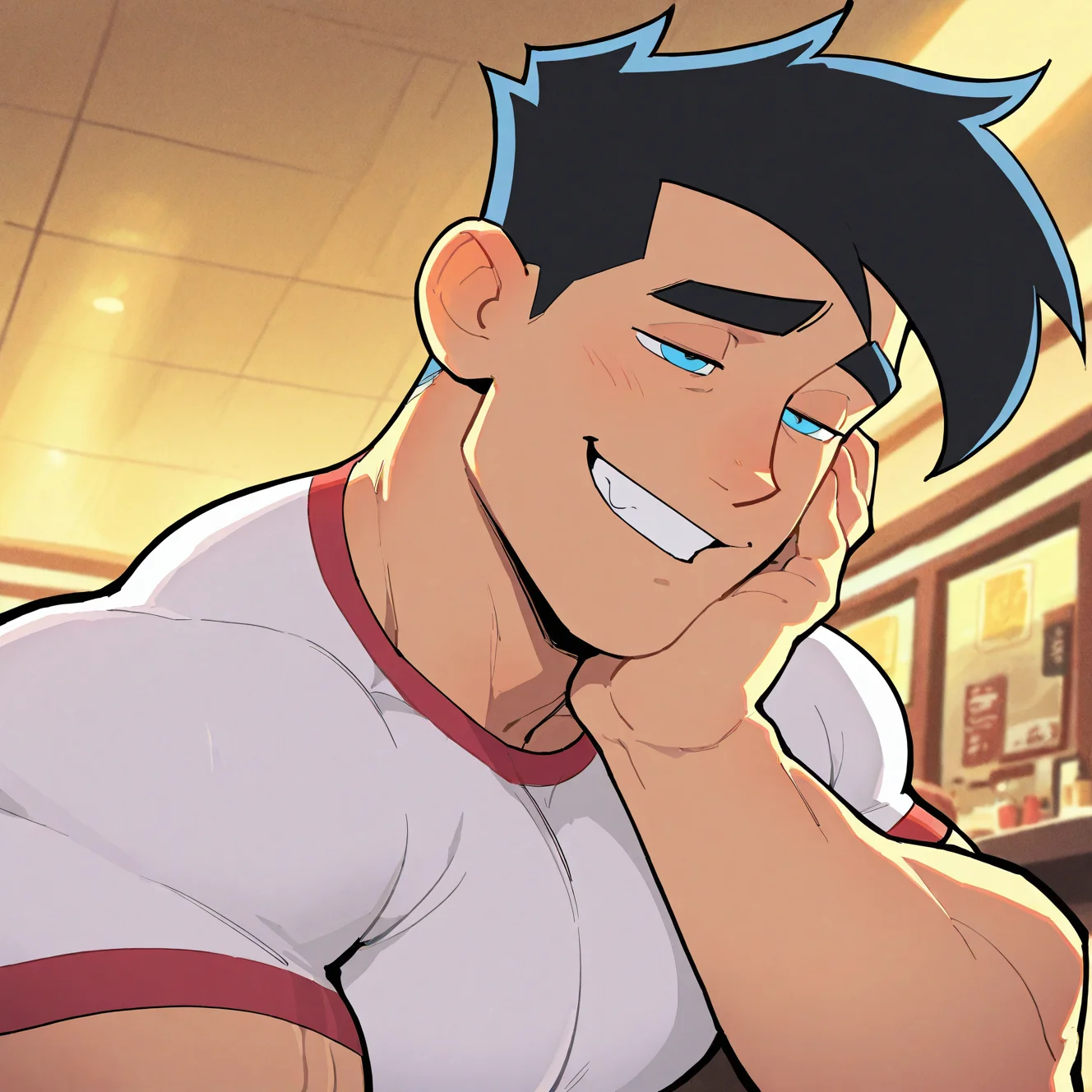 <lora:DANNYP:1>
dannyp, solo, smile, short hair, blue eyes, shirt, black hair, 1boy, white shirt, male focus, short sleeves, love icon, muscular, big pectorals, restaurant, mature male, muscular male, teeth, indoors, blurry, grin, half-closed eyes, t-shirt, meme, hand on own face, tiles, smug,
, motion blur, film grain, abstract, natural lighting, fantasy, cinematic, dynamic view, tilted angle, very awa, masterpiece, best quality, absurdres, newest, perfect quality, detailed background, intricate details, (artist:fl \(l-fl\):0.7), (artist:tooboshoo:0.7), (artist:dizdoodz:0.8)