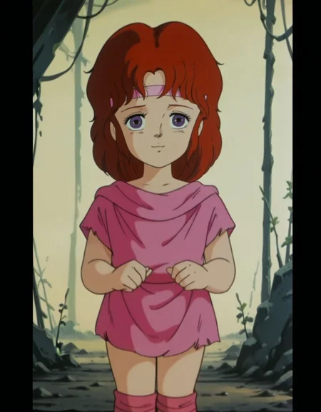 masterpiece, best quality, upper body, shy, light smile,
<lora:Lin:1>, L1n, red hair, headband, purple eyes, female child, retro artstyle, torn clothes, shirt, knee boots, retro artstyle, anime coloring,