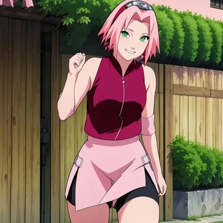 A sexy hot image of Sakura Haruno lifting her pink skirt up to reveal her black shorts , naughty teasing smile , blush on face , green eyes and short pink hair , hard nipples