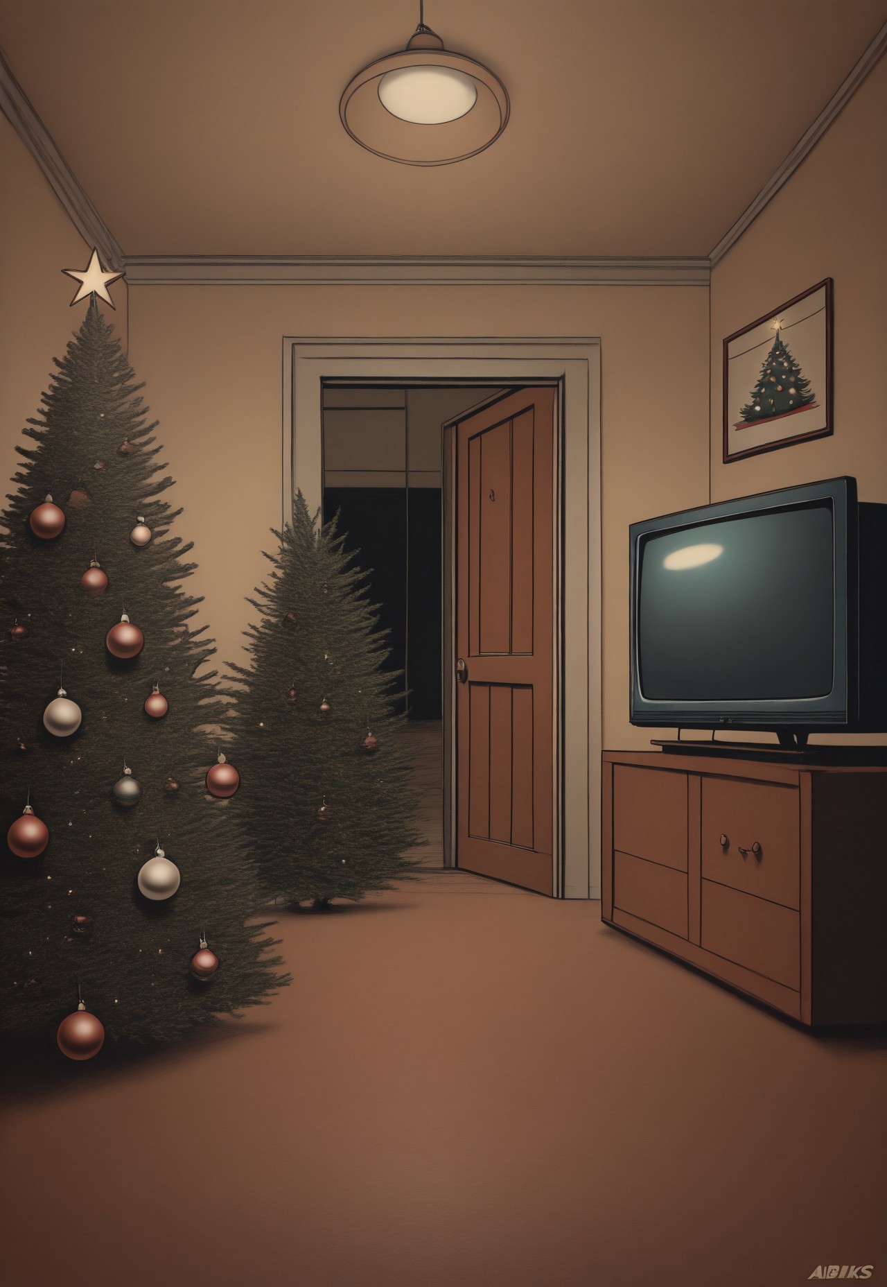 masterpiece, best quality, newest, absurdres,  Christmas Aesthetic, no humans, window, television, retro photography, christmas tree, christmas ornaments, scenery, christmas, 1950s vibes, tree, door, indoors, still life