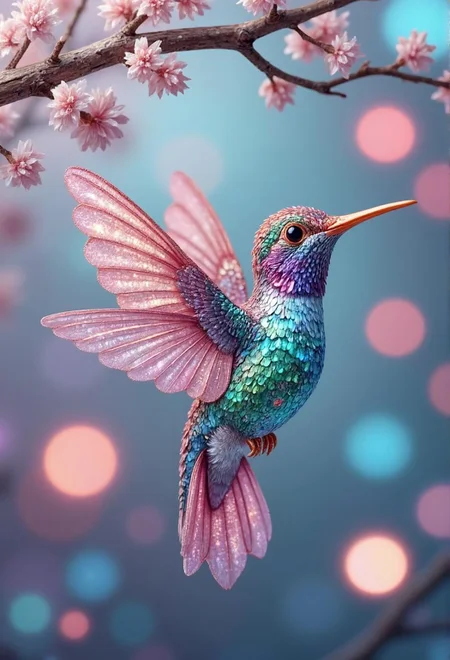 <lora:18CE5563C51F1C0E141C437BB5FC151C5AA7213133560F195E240D6FA0084AB2.safetensors:1> candy colors in the style of ckcf,
In a realm where nature and artistry converge, this digital hummingbird ornament radiates a vibrant, almost ethereal charm. Suspended from a graceful, hand-drawn branch, the hummingbird is rendered with a digital finesse that captures the essence of its iridescent beauty. The color palette is a symphony of vivid greens, deep blues, brilliant pinks, and fiery reds, blending seamlessly into a dazzling, gradient spectrum. The bird's wings and body are adorned with intricate, flowing patterns—swirling, looping curves that dance across its form, punctuated by delicate dots and ornamental embellishments. The design is flat and consistent, with no shadows or dimensions, emphasizing the smooth, polished textures and the playful, harmonious rhythm of the colors and patterns. This digital masterpiece, captured from a slightly elevated angle, brings a whimsical, nature-inspired touch to any space, making it an ideal accent for those who cherish the beauty of the natural world.