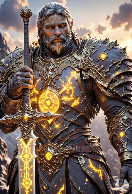 photoréalistic highly detailed  high-resolution  body-Shot photography featuring Tirion Fordring Old Noble Paladin, blue eyes, a wears a grey beard, grey mustache and grey long hair,he have large shoulders  .he wears an armor made of 24 carat gold, he wears pauldrons made of yellow crystal glass that glows with bright holy light,bordered with gold and gauntelts too. (he brandishes by its pommel a legendary longsword)  named ashbringer that have a large blade engraved xith magic runes with a big magic golden coin that glows embedded in the blade. he stands on a mountain .clear with some cloud and the sun is setting casting a warm atmosphere