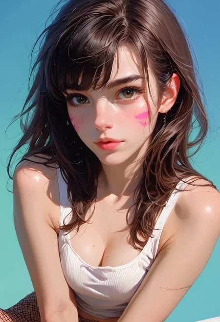 score_9, score_8_up, score_7_up, , solo, (18+),, ( cute:1.3), d.va, dark hair, overwatch,(seductive expression:1.3), (cleavage, fishnet leggings, socks,:1.5,), (unique fashion and hairstyle:1.5), , (black eyes),  (big eyes:1.1), (Expressiveh,Beauty), Beuty, (realistic photograph style, realism, realistic illustration:1.5), (simple colorful background), freckles, beautiful skin complexion,  ,  , (breasts exposed) , (skinny,petite), super model, sitting, leaning forward, close up, looking over shoulder, half turn