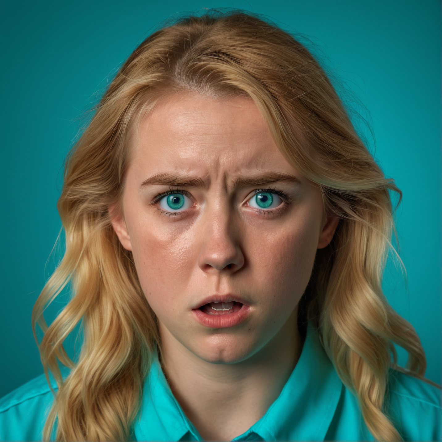 RAW photograph, Danish woman, 25 years old, golden blonde hair, aqua eyes,  medium close-up shot,  shot from the front, frightened expression, neutral uniform photostudio background, highly detailed, professional, soft volumetric lighting,  photographed on a Canon EOS R5, 50mm lens, F/2.8, HDR, 8k resolution, highres, high detail,
