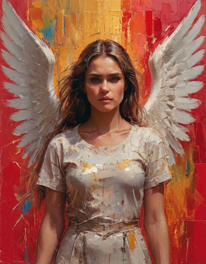 highly detailed and realistic art style with expressive, bold brushstrokes. The color palette should prominently feature rainbow colors and golds, with an abstract, textured red background. woman angel <lora:EpiCPainting:0.8>