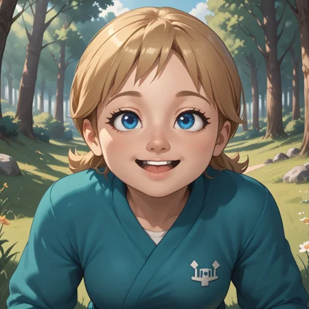 score_9, score_8, BREAK, solo, mii, wii, wii sports resort, 1girl, female mii, cute, blonde hair, black blue eyes, rare eyes, tree shaped nose, open mouth, buck tooth, double chin, chubby, chubby female, dark green clothing, white pants, barefoot, Megan_(\Wii_Sports_Resort\), Nintendo Mii, modern_mii, classic_mii, big breasts, sexy pose, self portrait, smile, outdoors, sunlight, shadows, evening lighting, natural lighting, forest, trees, grass, orange sky, sunset, sitting, soles