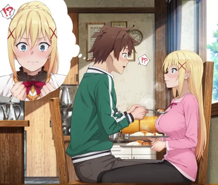 imagining (profile sex from behind),masterpiece,best quality,amazing quality,very aesthetic,high resolution,ultra-detailed,absurdres,newest,scenery,
BREAK
blue_eyes,blonde_hair,1girl,chin_rest,sitting_on_chair,pants,1boy,blush,satou_kazuma,crazy,darkness_(konosuba),
BREAK
depth of field,volumetric lighting,rural life outside the window,breakfast,home clothing,holding_plate,holding_spoon,<lora:Konosuba:1>,konostyle,<lora:NOOB_vp1_detailer_by_volnovik_v1:1>,<lora:Wheres_the_cat_-_3_panel_comic__Meme_Concept__IllustriousXL_and_NoobAI:1>,!?,