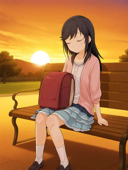 <lora:SDXL_kindred_spirits_on_the_roof__OkujÅ_no_Yurirei-san__å±ä¸ã®ç¾å:1> kd_vnstyle,
<lora:NNB_Hotaru Ichijou A:0.6> black hair, medium hair, straight hair, swept bangs, pink cardigan, open cardigan, white frilled shirt, blue layered skirt, white knee socks, brown loafers, red backpack, red randoseru,brown eyes,
1girl,solo,
sitting on park bench, evening, sunset,sleeping,
masterpiece,best quality,amazing quality,