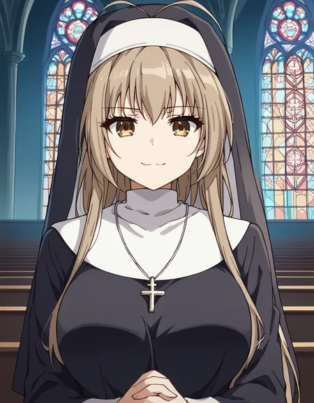 score_9, score_8_up, score_7_up, source_anime, <lora:isuzu-sento-s1-ponyxl-lora-nochekaiser:1>, isuzu sento, long hair, brown hair, bow, brown eyes, ponytail, hair intakes, antenna hair, large breasts, <lora:traditional-nun-ponyxl-lora-nochekaiser:1>, traditional nun, nun, habit, long sleeves, dress, black dress, jewelry, black veil, cross, cross necklace,, church, smug, praying,, cowboy shot