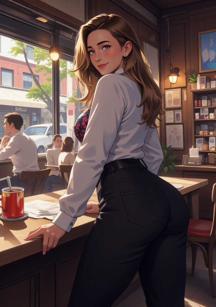 A vivid illustration of a tall, athletic, curvy woman in a cafe . She is smirking as she looks past the viewer. She wears a stylish long sleeve shirt and and dark pants. Her blonde and brown hair is well-groomed and reaches past her shoulders. The setting is cozy but brightly lit and a little bit glamorous. The background is realistic with depth of field and motion blur.
The image style is contemporary with fantasy elements, emphasizing the interplay of light and shadow.