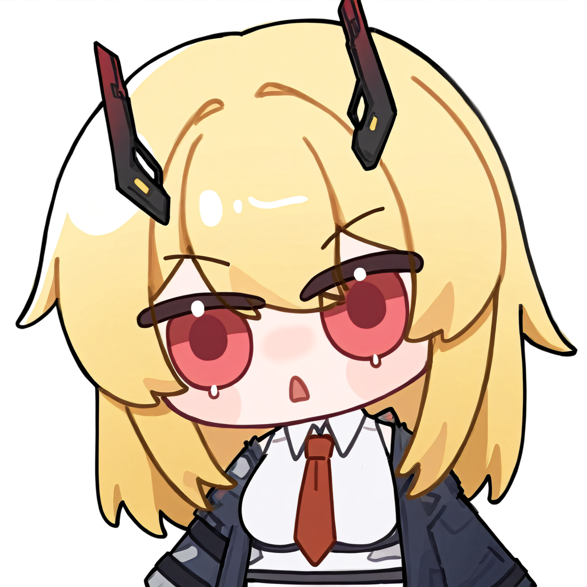 chibi, snowbreakmeme, snowbreak_chibi,1girl, solo, necktie, long hair, horns, shirt, blonde hair, white shirt, looking at viewer, open mouth, collared shirt, jacket, hair between eyes , red eyes, breasts, simple background, cowboy shot, long sleeves, medium breasts ,white background,  simple background, \n<lora:snowbreakmeme_noobai_v1.0-000030:1>,