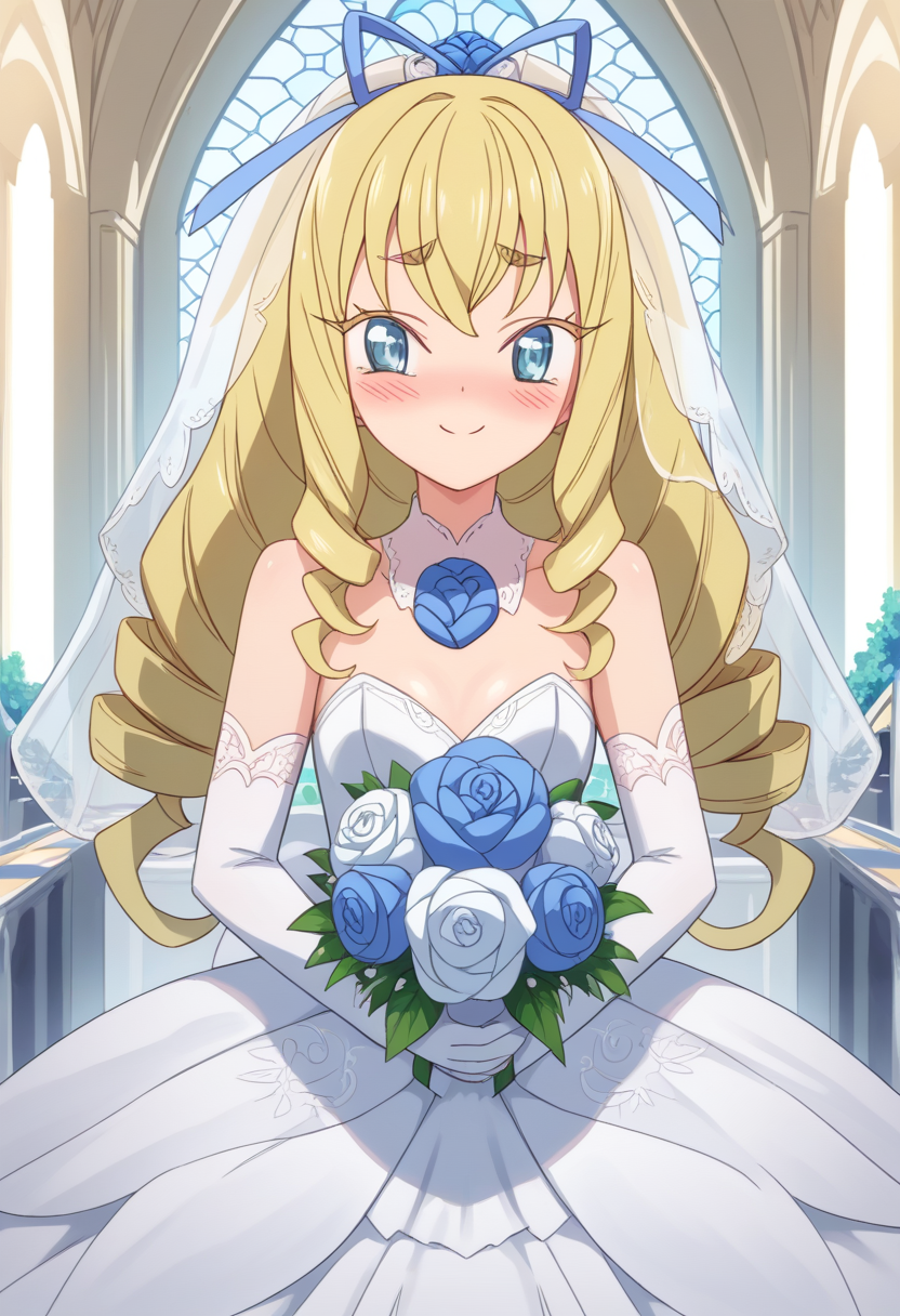 score_9, score_8_up, score_7_up, score_6_up, score_5_up, BREAK
jplaura, blonde hair, long hair, blue eyes, hair ribbon, drill hair, closed mouth, thick eyebrows, smile, blush, wedding dress, wedding veil, blush , embarrassed, bouquet, church