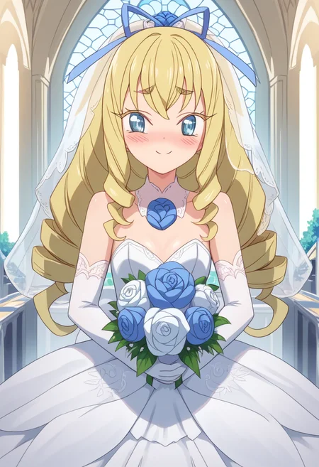score_9, score_8_up, score_7_up, score_6_up, score_5_up, BREAK
jplaura, blonde hair, long hair, blue eyes, hair ribbon, drill hair, closed mouth, thick eyebrows, smile, blush, wedding dress, wedding veil, blush , embarrassed, bouquet, church