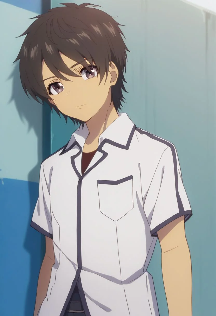 score_9, score_8_up, score_7_up, source_anime, highly detailed,
tsumugu, solo, 1boy, male focus, dark brown hair, school uniform, pants, shirt, short sleeves, black eyes, white shirt, upper body,