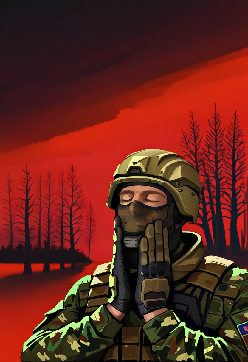 masterpiece, high quality, f33lsg00d, pt1chn1k, 1boy, male focus, solo, hands on own face, closed eyes, upper body, facemask, military, red sky, trees, military helmet, khaki camouflage,