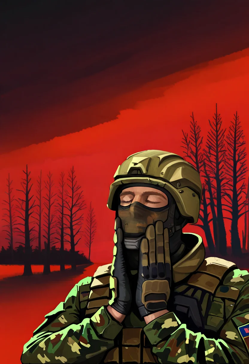 masterpiece, high quality, f33lsg00d, pt1chn1k, 1boy, male focus, solo, hands on own face, closed eyes, upper body, facemask, military, red sky, trees, military helmet, khaki camouflage,