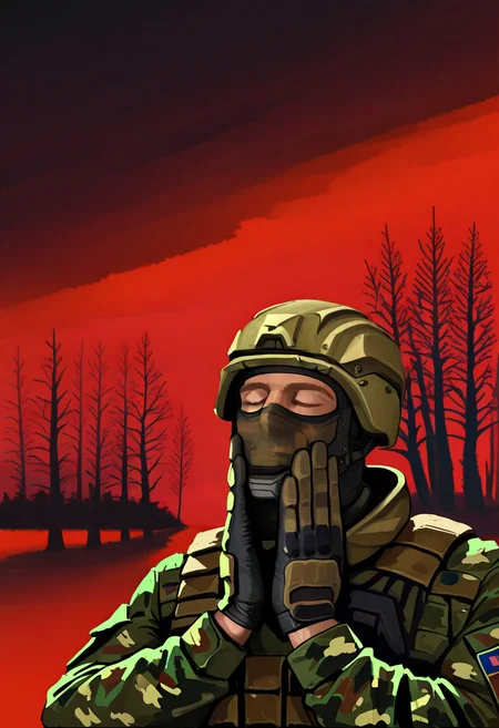 masterpiece, high quality, f33lsg00d, pt1chn1k, 1boy, male focus, solo, hands on own face, closed eyes, upper body, facemask, military, red sky, trees, military helmet, khaki camouflage,