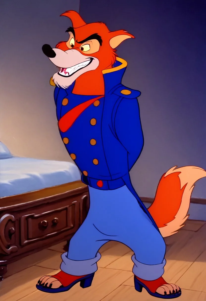 score 9, score 8, score 7, insidious grin, fangs, red wolf, anthro, fluffy, man, full body, blue captain's suit, trousers, boots, tail, sense of confidence, retro style, traditional media, spectacular lighting<lora:Don_Karnage_Talespin_PonyXL:1> <lora:Disney_Renaissance:1>BREAK, bed, front view heeled sandals, hips, jeans heeled sandals, in focus, open toe, close-up view, 2