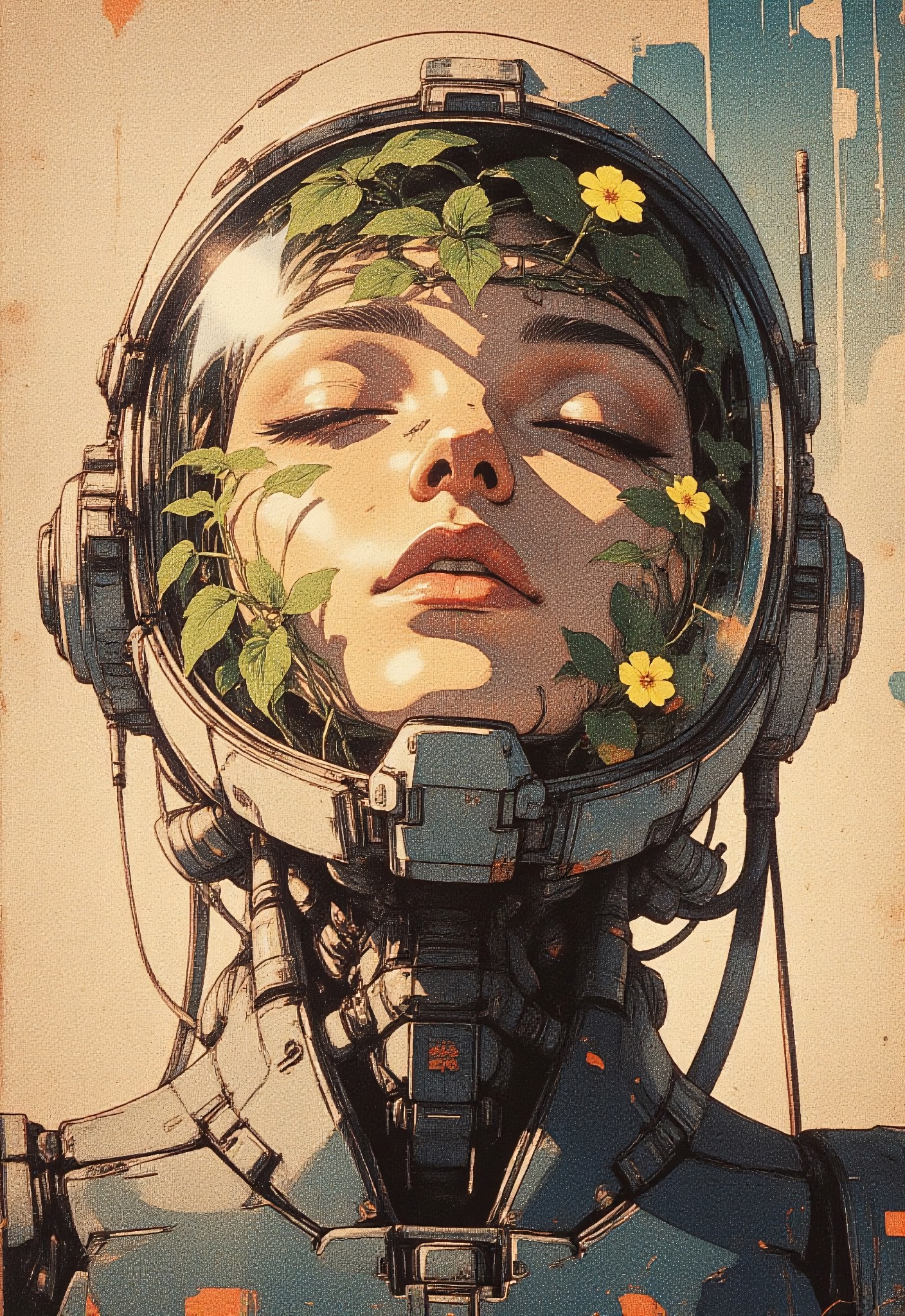 A highly detailed anime-style illustration of a young astronaut with a transparent space helmet, filled with lush green plants and glowing flowers. Her face is calm, eyes gently closed, as if in deep thought or sleep. The helmet acts as a self-sustaining biosphere, with vines growing inside. The suit is a fusion of futuristic cyberpunk aesthetics and organic elements, featuring metallic tubes and intricate bio-mechanical details. The lighting is soft and warm, casting a golden glow on the plants and the astronaut’s delicate face. The background is minimalistic, textured, and slightly aged, emphasizing a dreamlike, melancholic atmosphere. Style: semi-realistic, anime, soft shading, high detail, sci-fi botanical theme