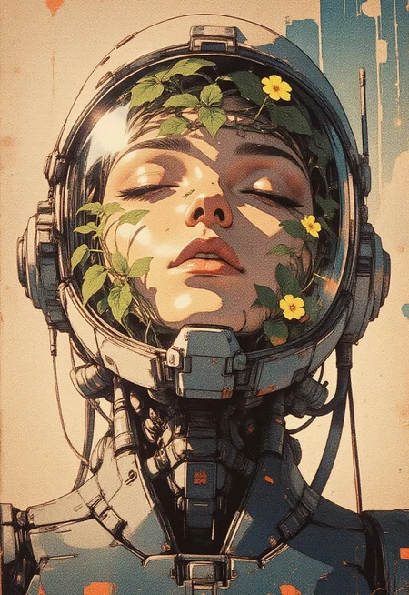 A highly detailed anime-style illustration of a young astronaut with a transparent space helmet, filled with lush green plants and glowing flowers. Her face is calm, eyes gently closed, as if in deep thought or sleep. The helmet acts as a self-sustaining biosphere, with vines growing inside. The suit is a fusion of futuristic cyberpunk aesthetics and organic elements, featuring metallic tubes and intricate bio-mechanical details. The lighting is soft and warm, casting a golden glow on the plants and the astronaut’s delicate face. The background is minimalistic, textured, and slightly aged, emphasizing a dreamlike, melancholic atmosphere. Style: semi-realistic, anime, soft shading, high detail, sci-fi botanical theme