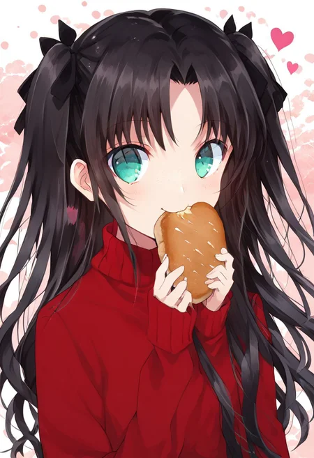 score_9, score_8_up, score_8, score_7_up, 
1girl, solo, ChopioTohsakaRin, black hair, long hair, two side up, parted bangs, hair ribbon, aqua eyes, looking at viewer, outfit_2, red sweater, turtleneck, cross, long sleeves, black skirt, pleated skirt, black thighhighs, polka dots background, smile, eating, bread, loaf, eating, close shot, cute girl, looking at viewer,
cute, kawaii, hearts,