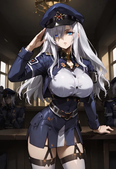 score_9, score_8_up, score_7_up, 1girl, sylwia krzasinska, source_anime, H0M4R35TY13, anime screencap, anime coloring, zPDXLxxx, Expressiveh, white hair, wavy hair, long hair, blue eyes, hair over one eye, one eye covered, perfect lips, vibrant eye color, expressive eyes, ultra-feminine, (perfect face: 1.5), ultra-detailed face, ultra-detailed skin, lustrous ultra-detailed hair, extreme hourglass shape, ultra-slim proportions, (feminine muscles: 1.1), long breasts, perfectly round breasts, huge breasts, ultra-narrow waist, ultra-flared hips:, perfectly round ass, ultra-jutting ass, shapely ass, perfect butt crack, thin tighs, ultra-fit figure, long legs, bursting breasts, ultra-jutting breasts, ultra-pointy breasts, blue headwear, blue jacket, blue skirt, hat, jacket, military, military hat, military uniform, peaked cap, shirt, skirt, thighhighs, uniform, white shirt, white thighhighs, indoors, detailed background, military base, sci-fi base, steel grey walls, alert lights, staring at viewer, bending over, leaning forward, saluting, military salute, sexually suggestive