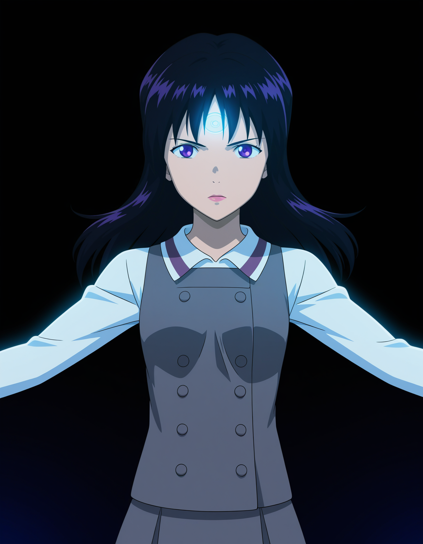 masterpiece, best quality, amazing quality, highres, absurdres, very aesthetic, high resolution, ultra detailed, perfect details,anime coloring, simple background,black background,dark water background,night,front view,1girl,solo, bust portrait, spread arms,
<lora:ILL_YehlShizno_lion_e5:1> yehlgrsu, lipstick,purple eyes, long hair,bangs, skirt, shirt, black hair, long sleeves, school uniform,white shirt, collared shirt, miniskirt, vest, buttons, grey skirt, grey vest,pinafore dress,
(blue forehead mark,glowing), backlighting, high contrast,