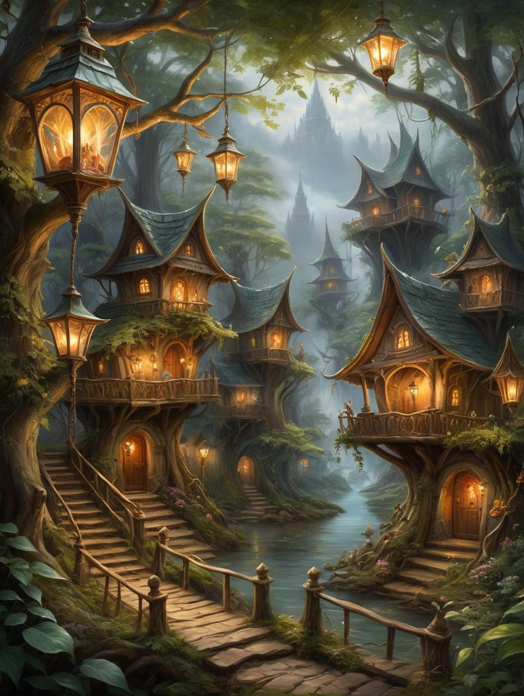 oil painting, A forest city of wood elves, 34K uhd, masterpiece, high detail, 8k, intricate, detailed, high resolution, high res, high quality, <lora:add-detail-xl:1.8>, highly detailed, Extremely high-resolution details, fine texture,