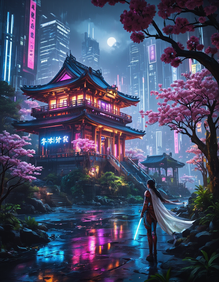 <lora:Cyberpunk_Temples_flux:0.8>  realistic photo, cyberpunk asian temple, neons, cherry blossom, glowing kanji, moon, illuminatred colorful flowers, glowing flowers, vegetation, on a mountain, stairs, tree, sea, Surrounded by towering skyscrapers and bright vertical LED panels, its silhouette dramatically highlighted against a backdrop of towering futuristic skyscrapers bathed in neon blue and magenta light. The rainy street below is slick and reflective, reflecting the glowing lights above like a liquid mirror. Towering futuristic skyscrapers in the background, and vibrant cherry blossom trees in full bloom, enhancing the dense, its ornate structure glowing with amber and magenta neon lighting that highlights its intricate eaves and wooden detailing. Surrounding it are futuristic skyscrapers rising into the misty sky, adding layers of cultural fusion and futuristic flair. The streets below glisten with reflections from the colorful lights, ct_flux. A mesmerizing blend of ancient and futuristic design in a neon-drenched cyberpunk cityscape. At the center, and green. Lush cherry blossom trees in full bloom frame the scene, layered aesthetic of the setting. The wet pavement reflects the electric lights. A beautiful warrior girl dressed in red armor with a flying white cape stands holding a light saber with her hair in the wind whith cherry blossom petals. Cyberpunk cars. Trees, storm, Wet, stream, rocks. Green, purple, white, gold. Stuning effects, depth of field, from low angle.
