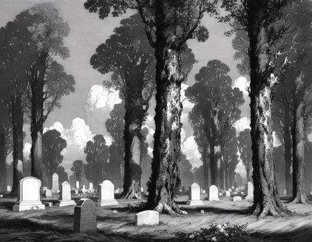 franklin booth style, landscape, clouds, graveyard, grass, tall trees, sky, graves, leaves, monochrome <lora:franklin_booth_style_sdxl_v7:1>