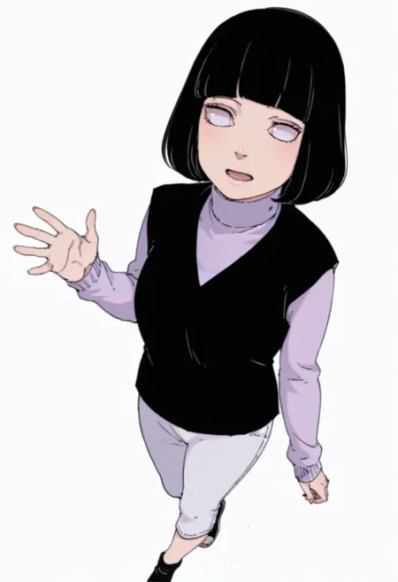 anime screencap, anime coloring,  <lora:DX888HinataBM:1> hyuuga hinata, black hair,  byakugan eyes,  bob cut, turtleneck sweater, purple sweater, black vest capri pants white pants , BREAK simple background, white background, BREAK   1girl, dutch angle, looking at viewer,  open mouth,  smile, solo,  standing, waving, full body, (perspective:1.3),   from above, (foreshortening,:1.1)