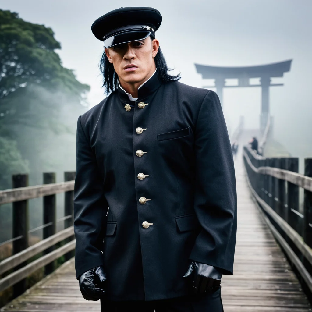 Create a portrait in a realistic style, featuring the Undertaker dressed in a traditional junior high school uniform, including a classic Gakuran jacket with its distinctive stand-up collar and five metal buttons, paired with straight-legged trousers. He is adorned with black gloves, a flowing cloak, and a hat, adding a mysterious aura to his appearance. The setting is on a bridge, capturing the Undertaker's commanding presence against the backdrop of a misty, early morning landscape, with the bridge's architecture accentuating the timeless and enigmatic character of the scene,<lora:gakuran:0.8>