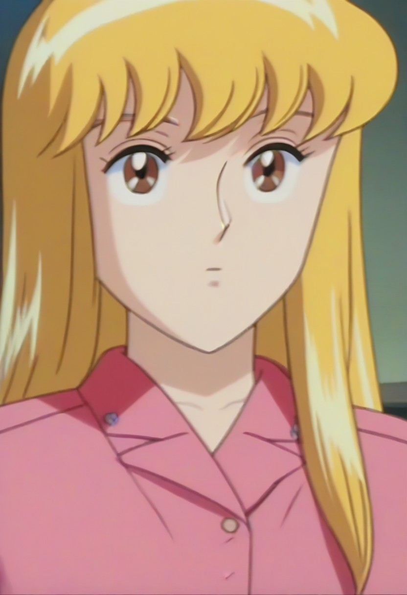 masterpiece, best quality, , anime screencap, anime coloring, official style,uncensored,1girl, solo, (kochikame, akimoto reiko, huge breasts, blonde hair, pink suit),