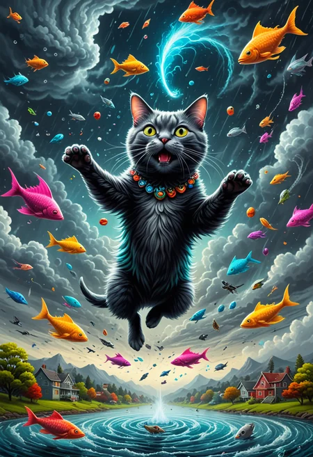 (surrealistic composition featuring a sequence of floating objects, each transitioning from grayscale to vibrant color) of a flying cat attacking, cute, meow, meaowing, clouds, tornado, rain, birds, flying fish, intricate details, masterpiece, best quality