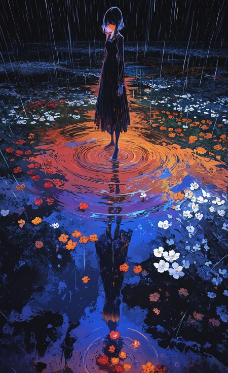 masterpiece, best quality, good quality, very awa, newest, highres, absurdres, 1girl, solo, dress, standing, flower, outdoors, water, white flower, red flower, scenery, reflection, rain, dark, ripples, orange flower, puddle, colorful, abstract, standing on liquidï¼
very Wide Shot, limited palette, <lora:illustriousXL_stabilizer_v1.23:0.3> <lora:NOOB_vp1_detailer_by_volnovik_v1:0.3> <lora:ponyv6_noobE11_2_adamW-000017:0.3> <lora:114558v4df2fsdf5:0.6> <lora:XXX667:0.4> <lora:mon_monmon2133:0.5>