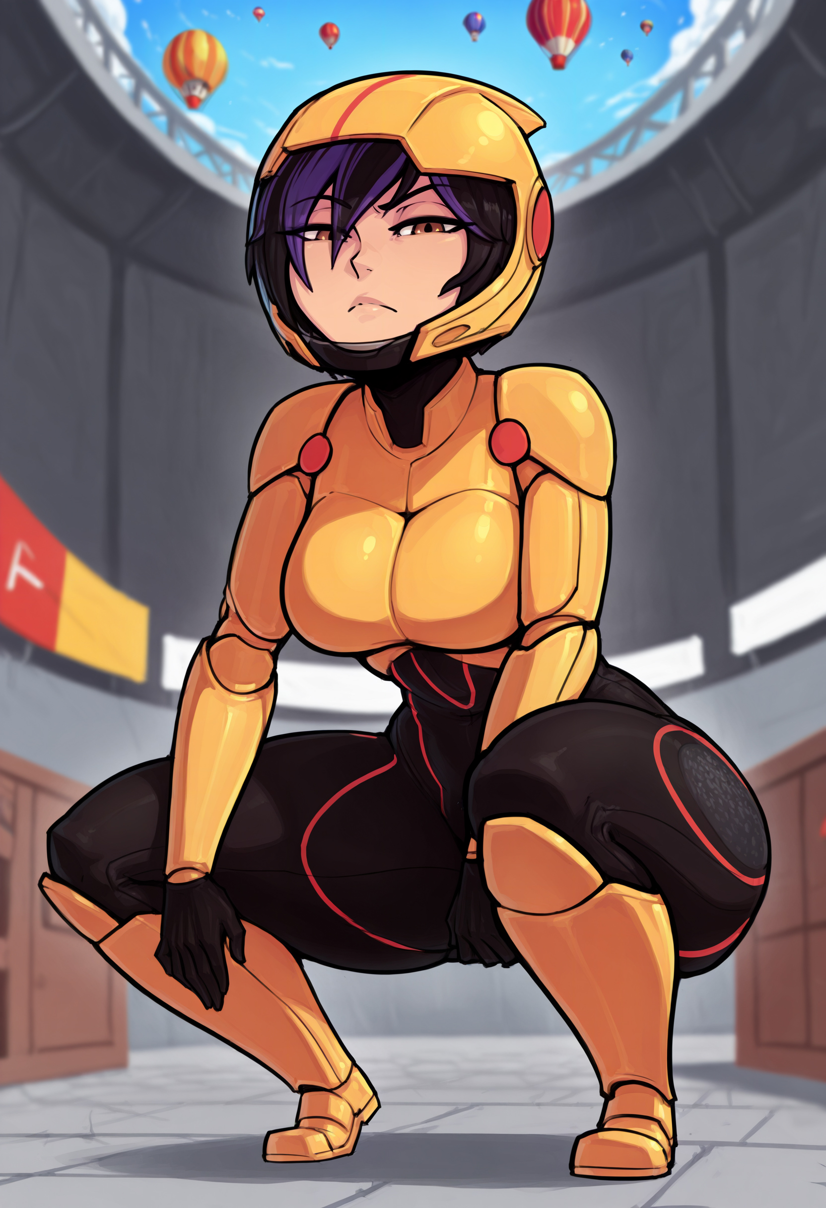 masterpiece,best quality,namxob,depth of field, blurry background, hot air balloon, floating overhead, aerial views, colorful, 1girl, solo, GogoBH, bodysuit, red accents, short_hair, black_hair, armor, helmet, kneepads, boots, gloves, dyed_bangs, purple bangs, brown_eyes, large_breasts, looking_at_viewer,  Crouching, as if ready to start a race,