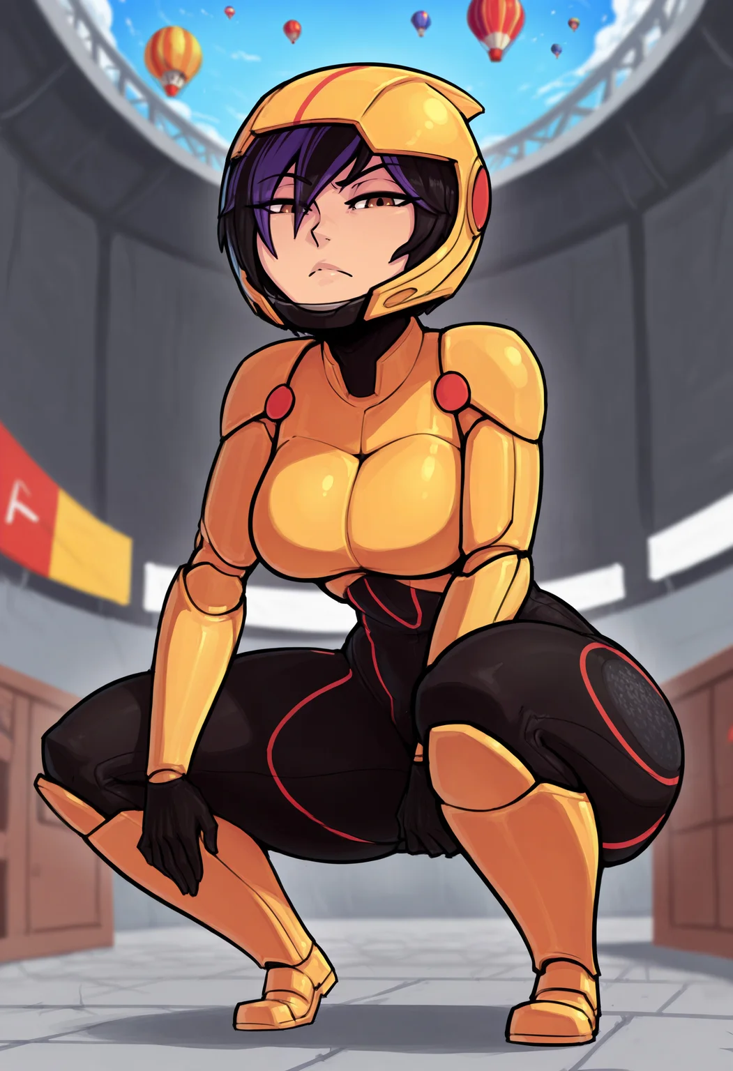 masterpiece,best quality,namxob,depth of field, blurry background, hot air balloon, floating overhead, aerial views, colorful, 1girl, solo, GogoBH, bodysuit, red accents, short_hair, black_hair, armor, helmet, kneepads, boots, gloves, dyed_bangs, purple bangs, brown_eyes, large_breasts, looking_at_viewer, Crouching, as if ready to start a race,