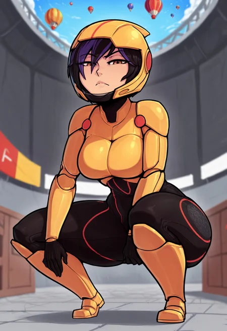 masterpiece,best quality,namxob,depth of field, blurry background, hot air balloon, floating overhead, aerial views, colorful, 1girl, solo, GogoBH, bodysuit, red accents, short_hair, black_hair, armor, helmet, kneepads, boots, gloves, dyed_bangs, purple bangs, brown_eyes, large_breasts, looking_at_viewer, Crouching, as if ready to start a race,