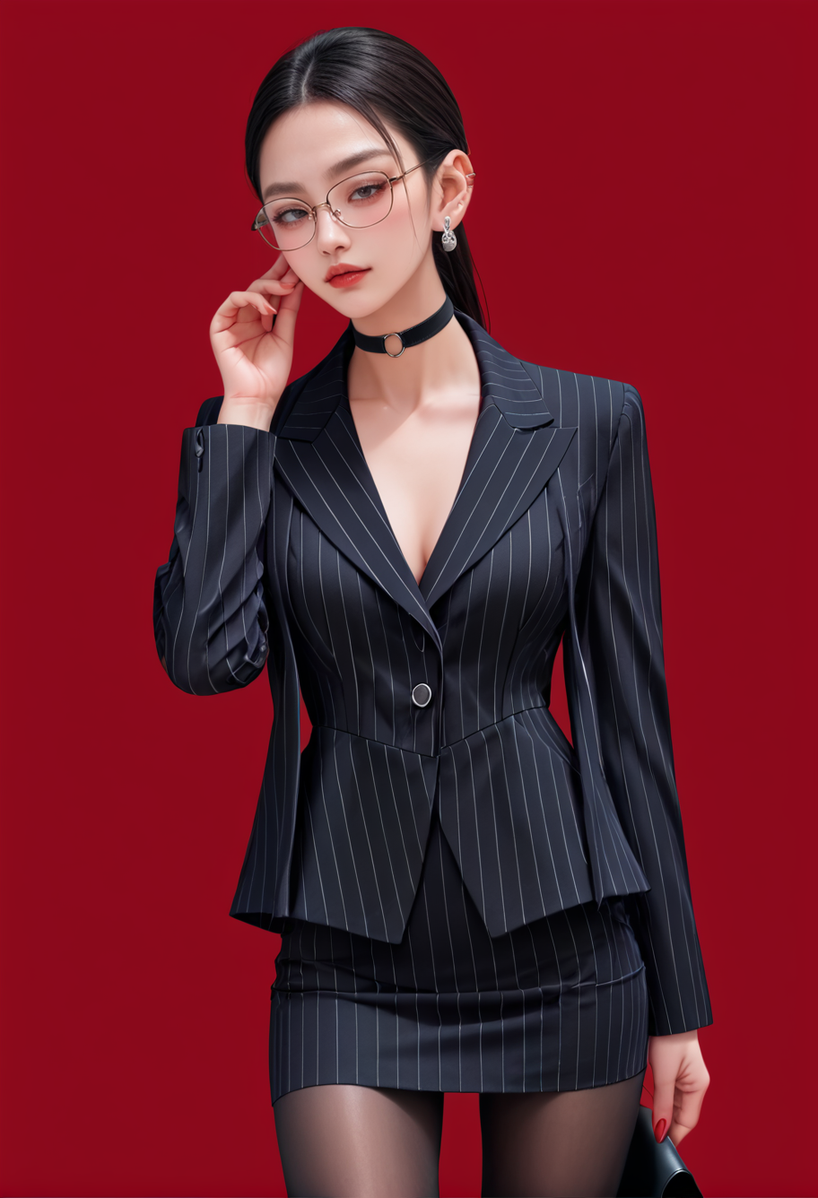 1girl,solo,red background,,ruanyi0856,skirt suit,striped jacket,choker,black pantyhose,striped,glasses,<lora:0856 OL professional suit skirt 1_v1_pony:1>, score_9,score_8_up,score_7_up,,8k,1girl,solo,,