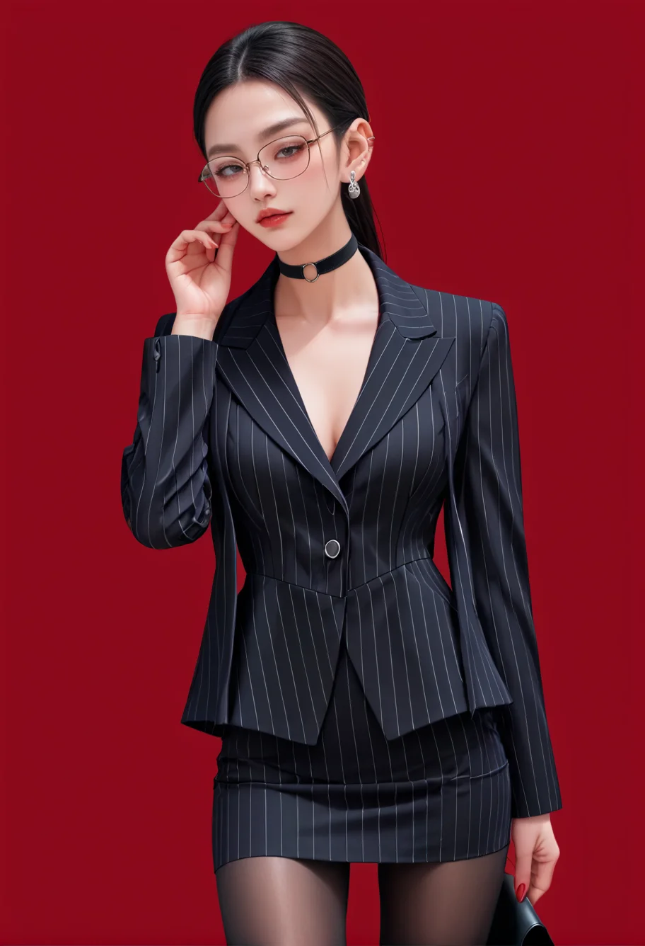 1girl,solo,red background,,ruanyi0856,skirt suit,striped jacket,choker,black pantyhose,striped,glasses,<lora:0856 OL professional suit skirt 1_v1_pony:1>, score_9,score_8_up,score_7_up,,8k,1girl,solo,,